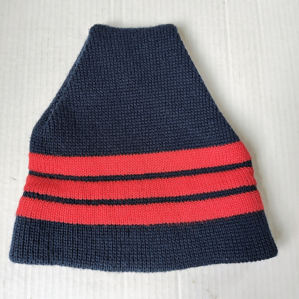 VTG Smiley Navy And Red 100% Wool Knit Ski Beanie Hat USA Made